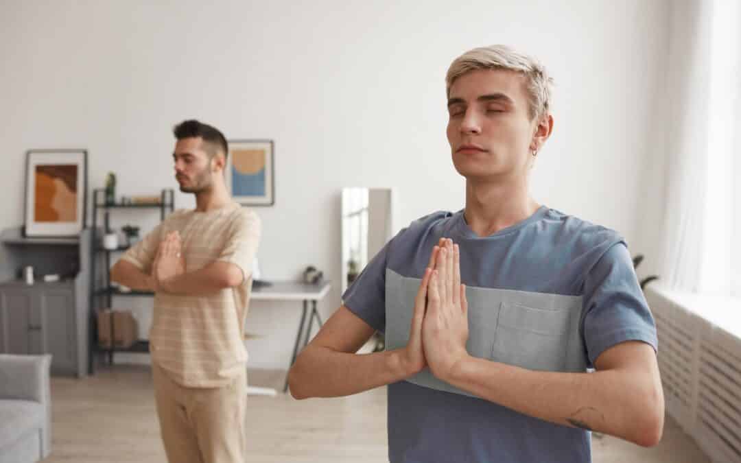 two young men doing yoga at home 2023 11 27 05 24 59 utc